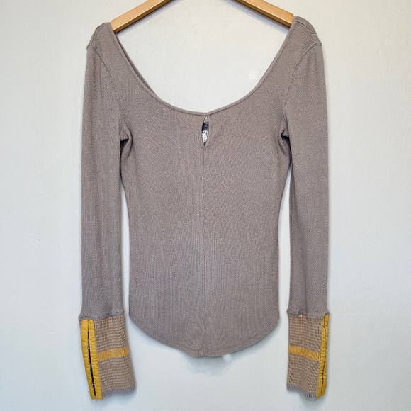 FP |  WTF Taupe Thermal Striped Cuffs Scoop Neck Keyhole Boho Long Sleeve Shirt - Picture 6 of 14